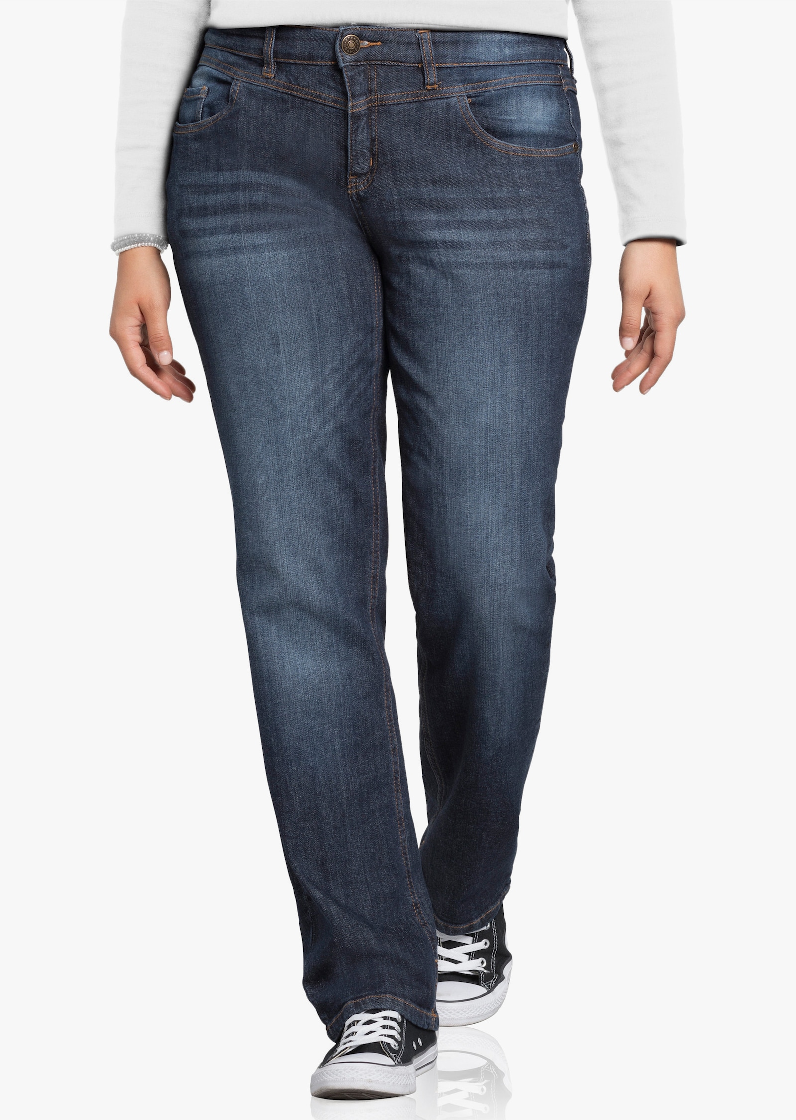 sheego Gerade Jeans mit Used-Effekten - dark blue denim