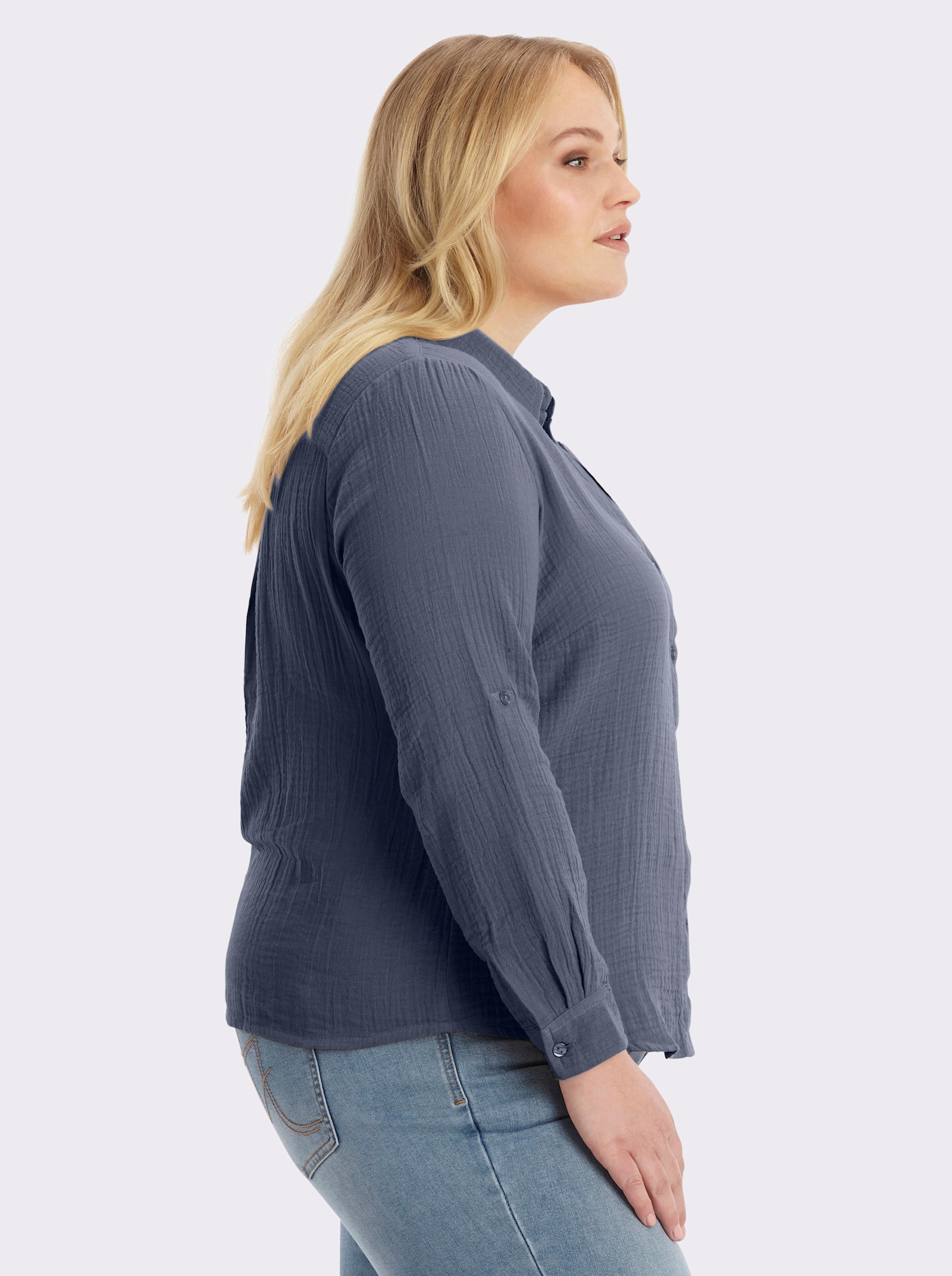 Baumwollbluse mit krempelbaren Ärmeln - rauchblau