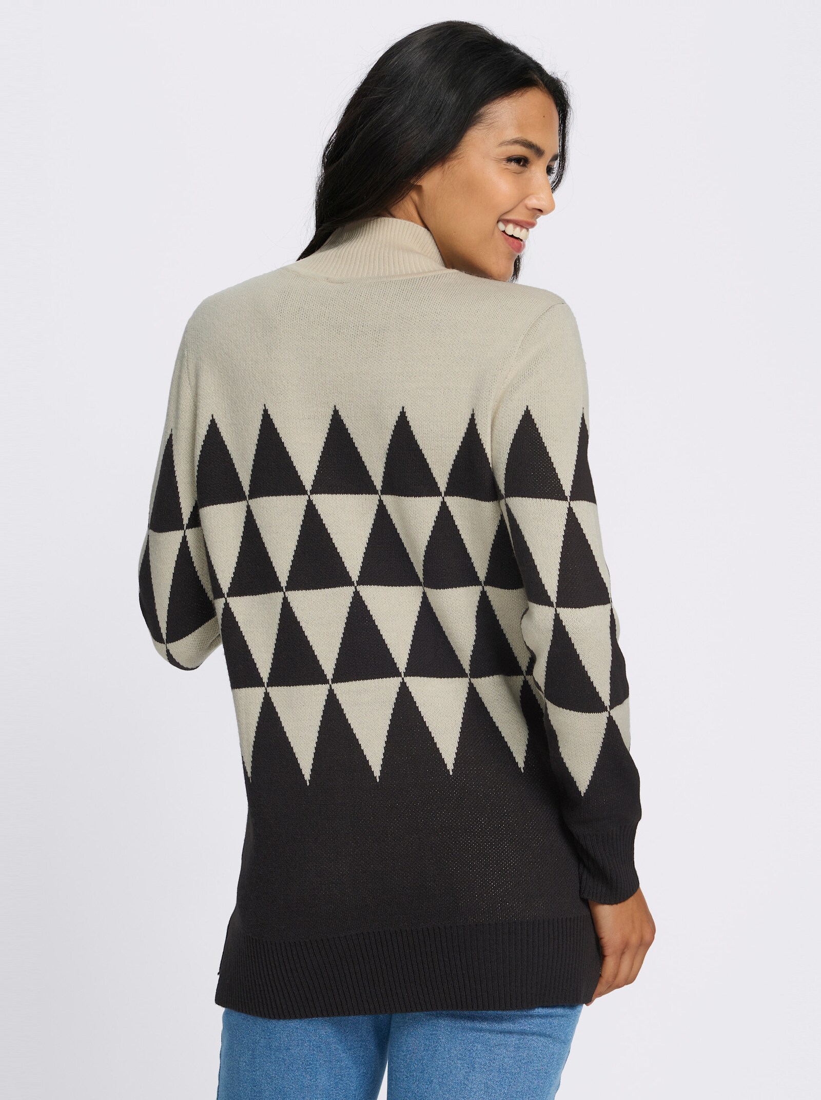 Longpullover mit grafischem Jacquardmuster - sand-schwarz-gemustert