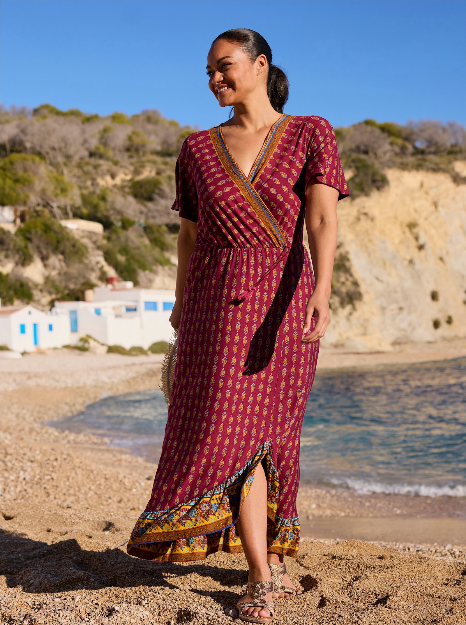 sheego Druckkleid in Wickeloptik - bordeaux-burgund-bedruckt