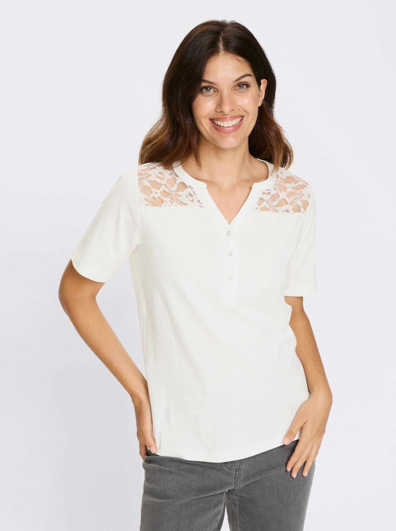 Kurzarmshirt mit Spitzen-Einsatz - ecru