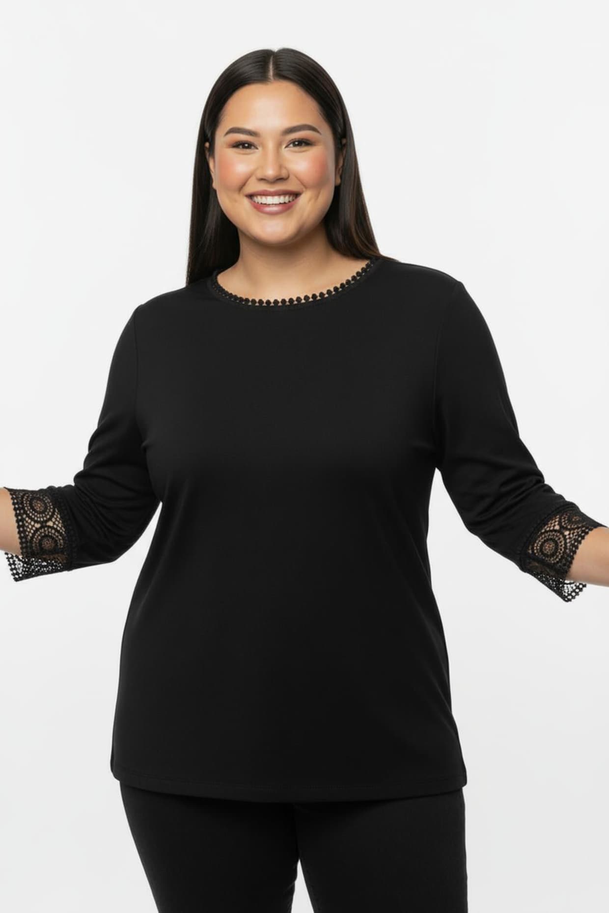 CREATION L PREMIUM 3/4-Arm-Shirt mit Spitzenbordüre an Ausschnitt und Ärmeln - schwarz