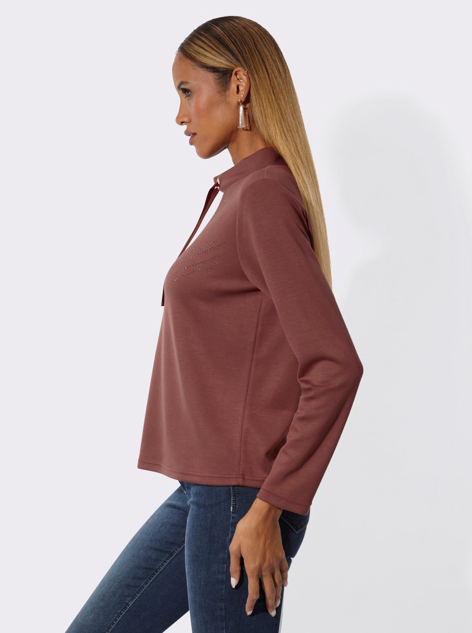 Sweatshirt mit Glitzersteinchen-Verzierung - rotbraun