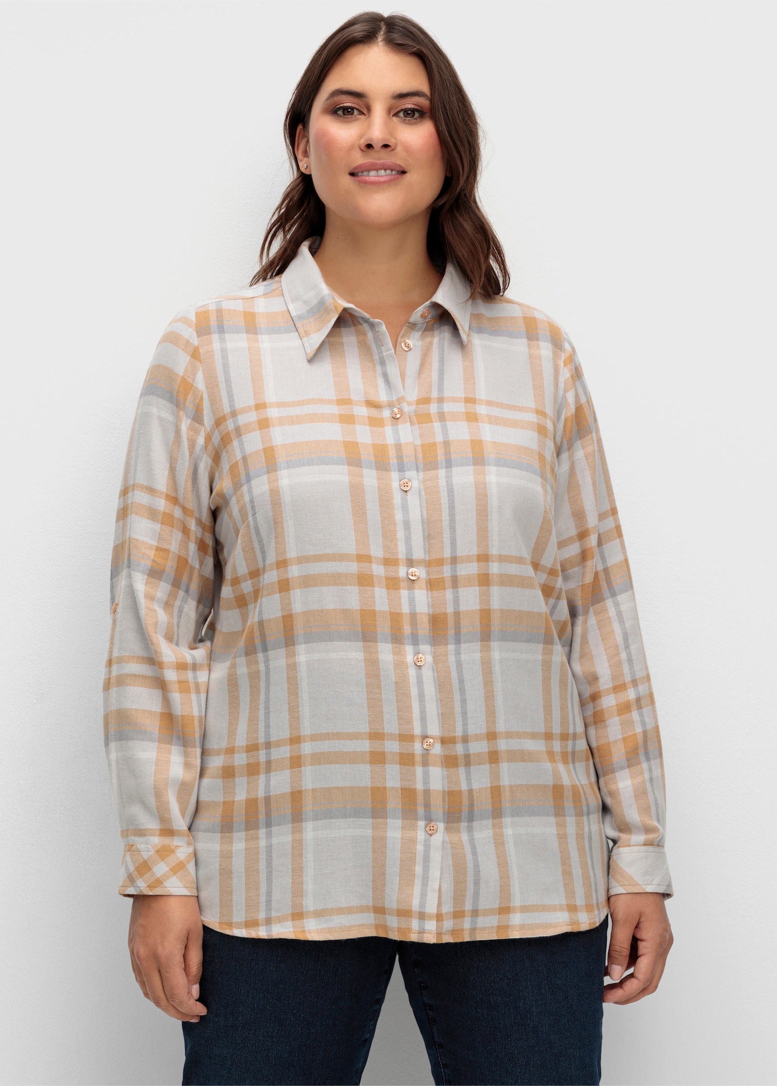 Flanellbluse mit krempelbaren Ärmeln - steingrau-camel-kariert