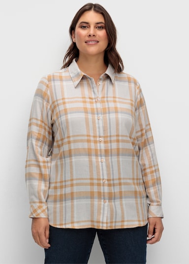 Flanellbluse mit krempelbaren Ärmeln - steingrau-camel-kariert