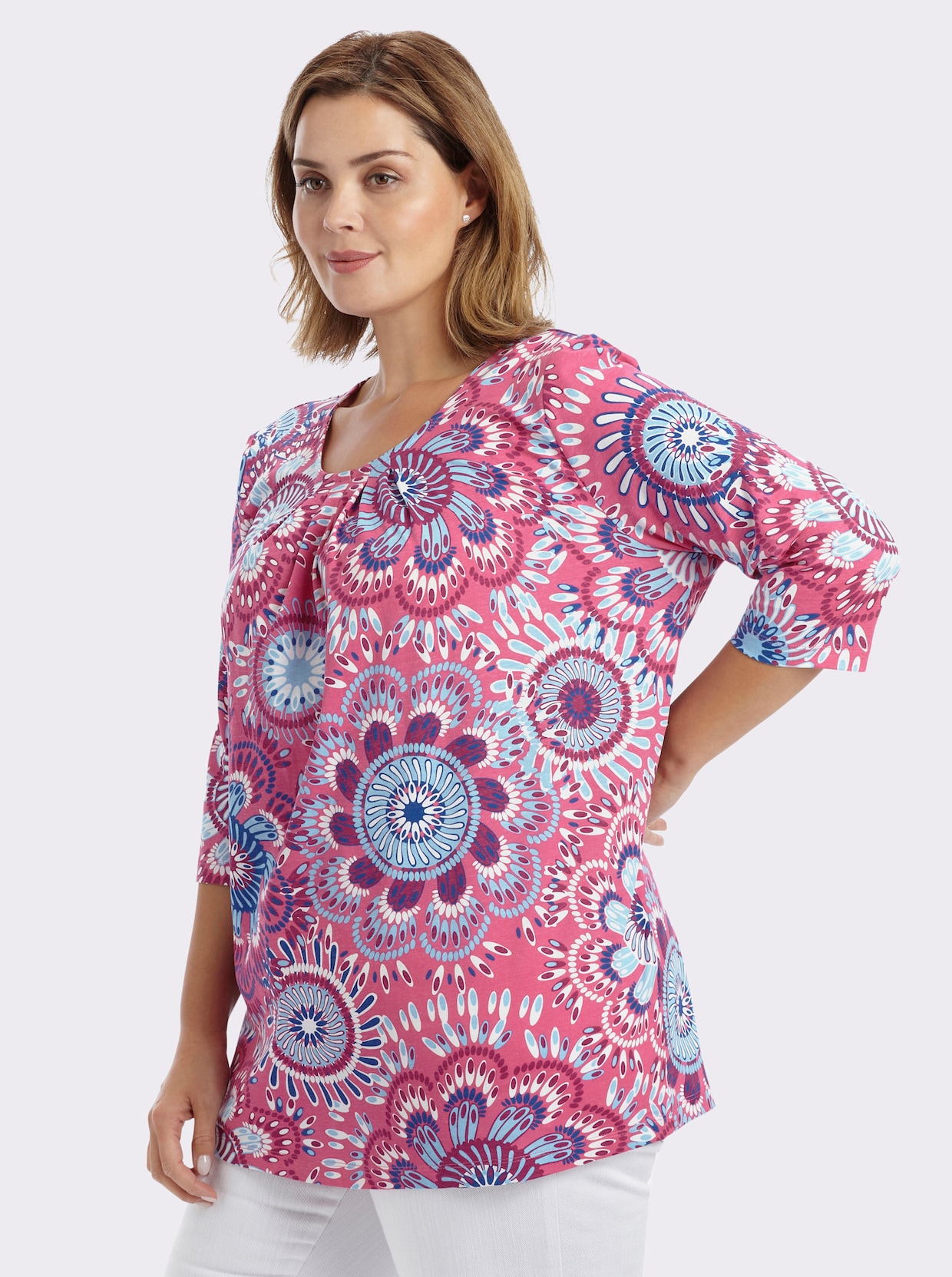 Longshirt in leichter A-Linie - fuchsia-aqua-bedruckt