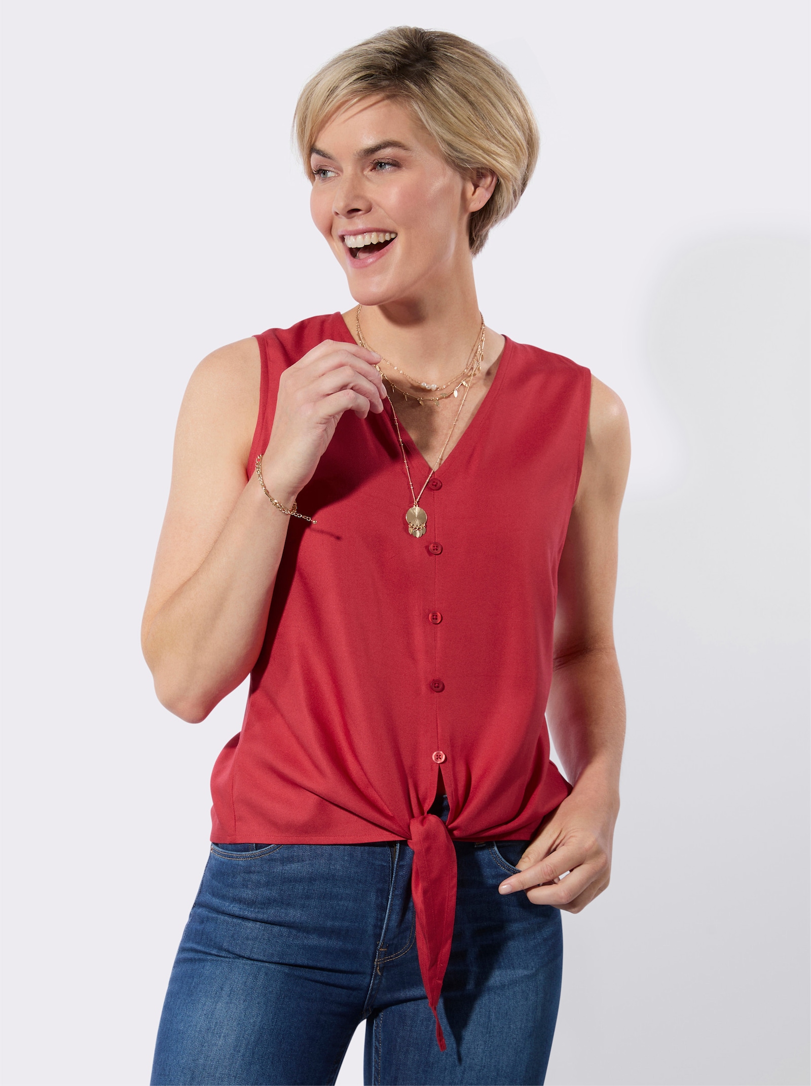 Blusentop mit geknotetem Saum - erdbeere