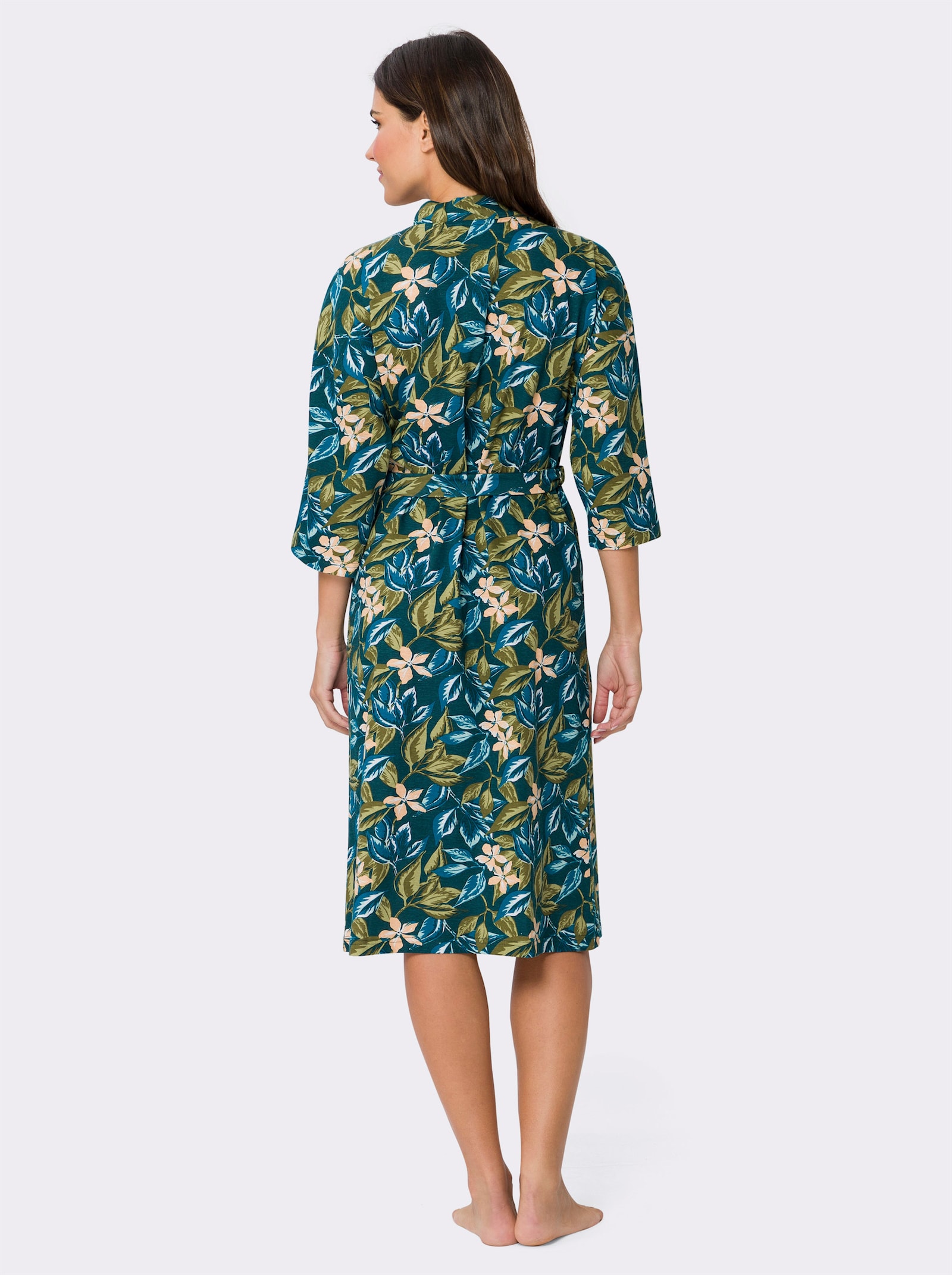 Morgenmantel in Kimono-Form, mit Bindegürtel - petrol-apricot-bedruckt