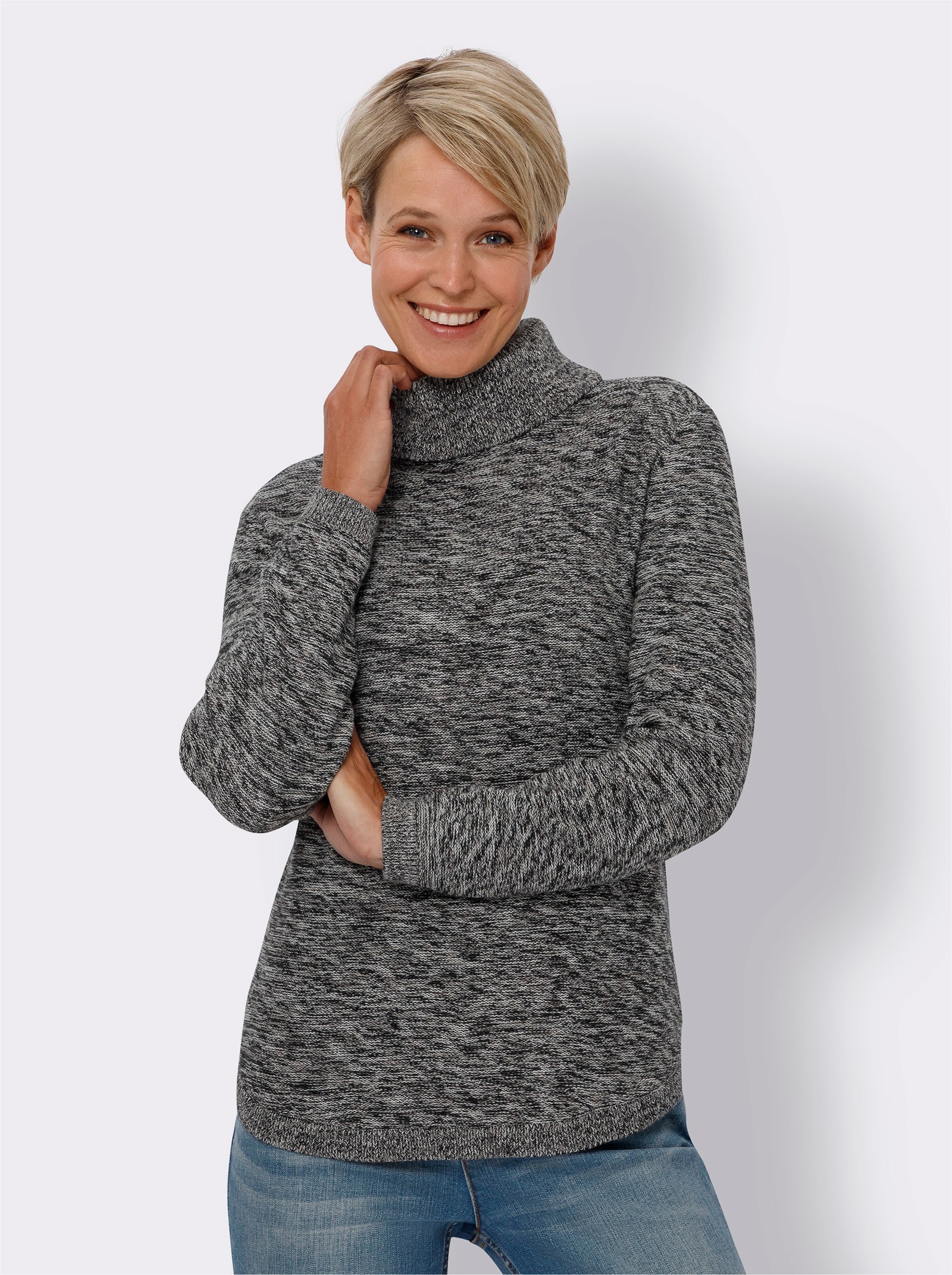 Pulóver, rolákový golier, bavlna - Čierno-svetlobéžový melír