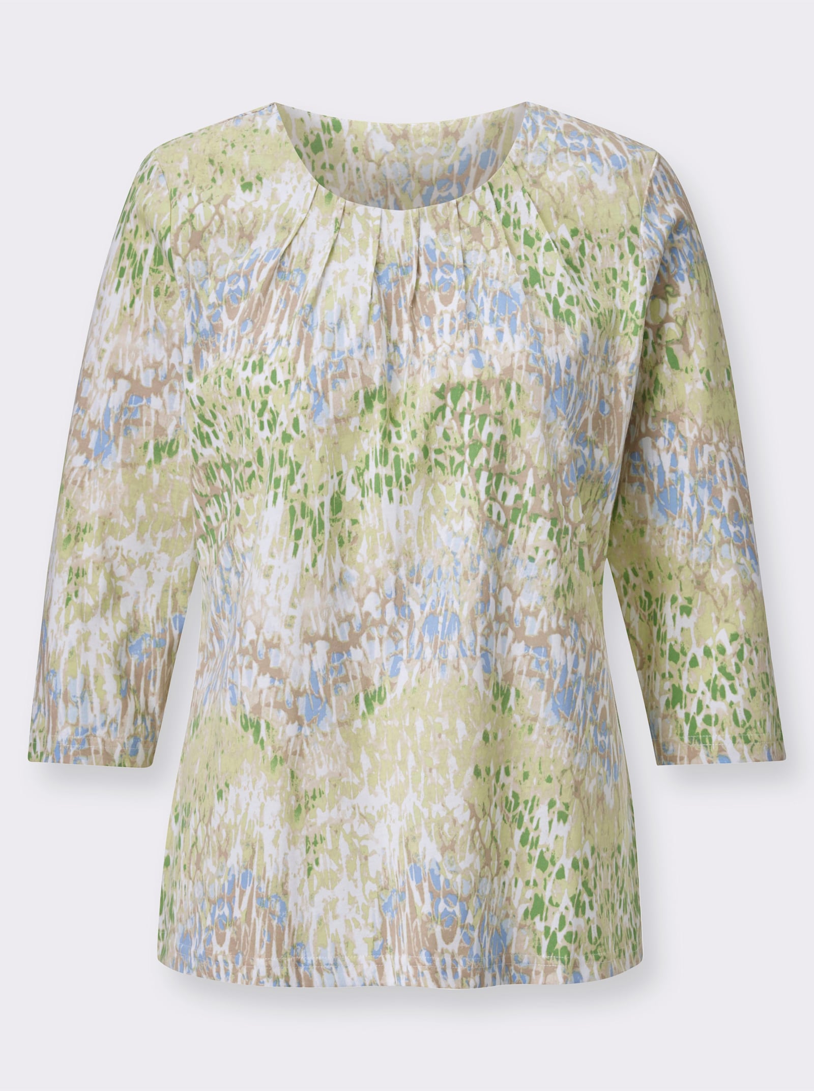 Shirt met 3/4-mouwen en plooien bij de hals - lichtblauw/ecru bedrukt