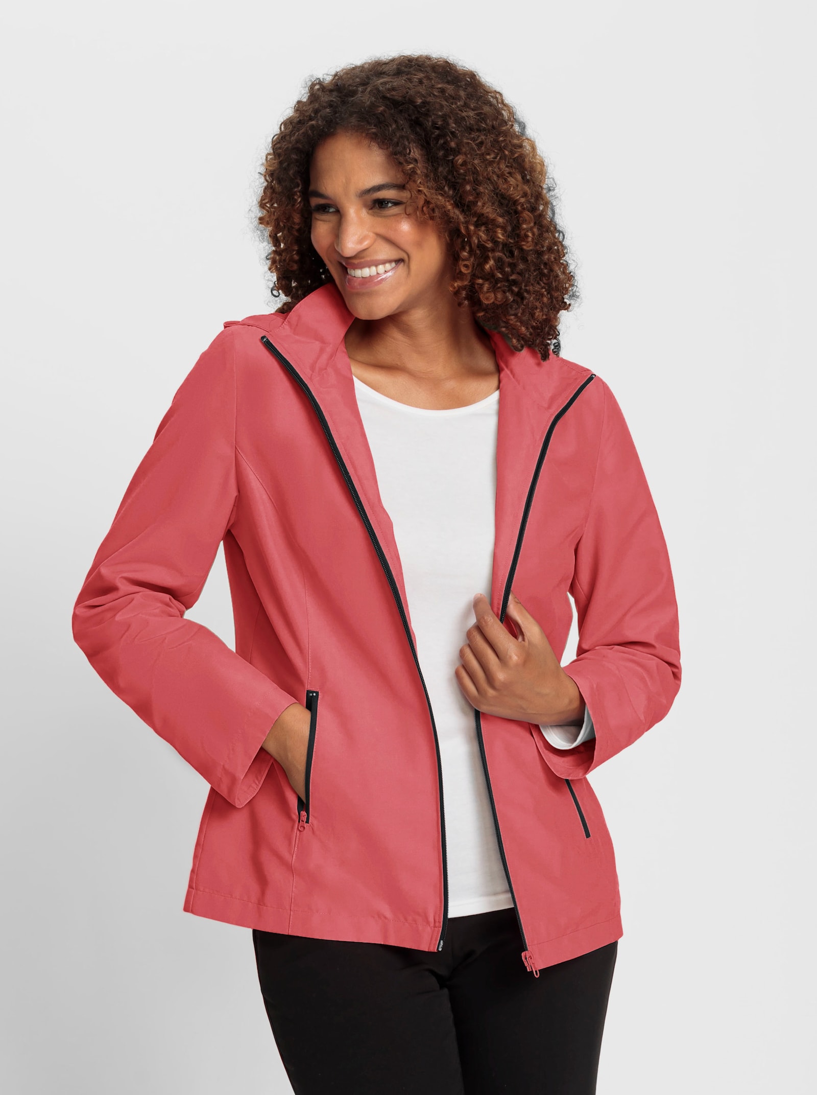 Kapuzenjacke mit Kontrast-Reißverschluss, gefüttert - grapefruit