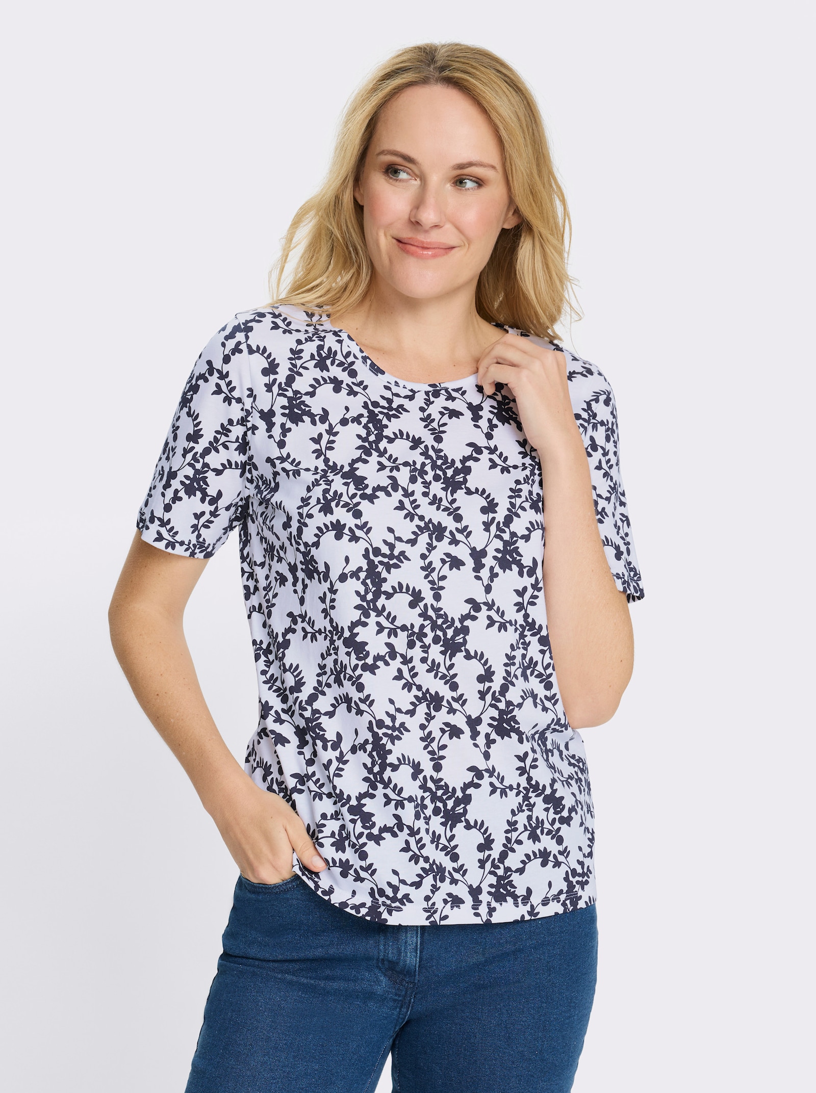 Kurzarmshirt mit floralem Muster - weiß-marine-bedruckt