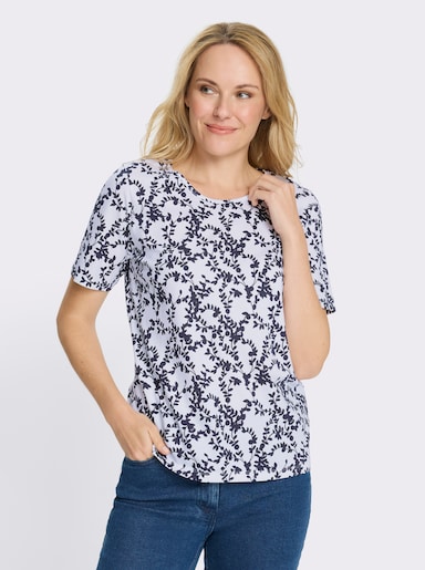 Kurzarmshirt mit floralem Muster - weiß-marine-bedruckt