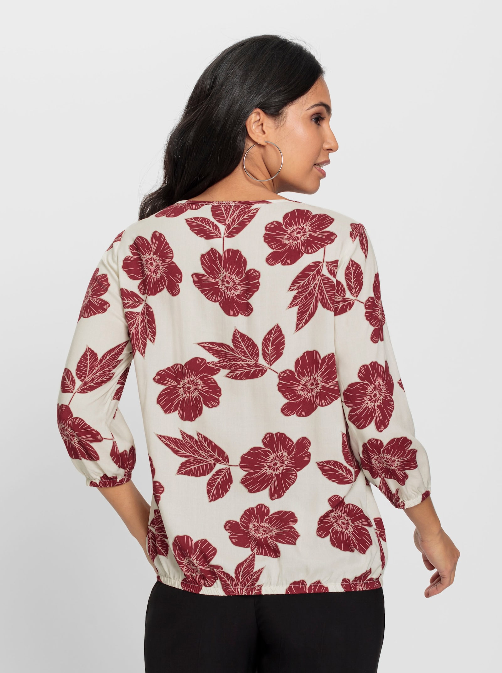 Druckbluse mit elastischen Bündchen - champagner-dunkelrot-bedruckt