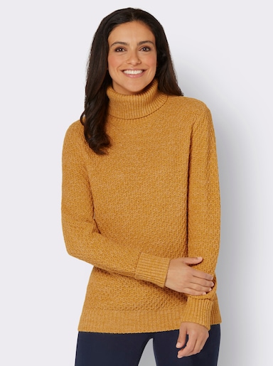 Rollkragenpullover mit Wabenstruktur, meliert - ocker-meliert