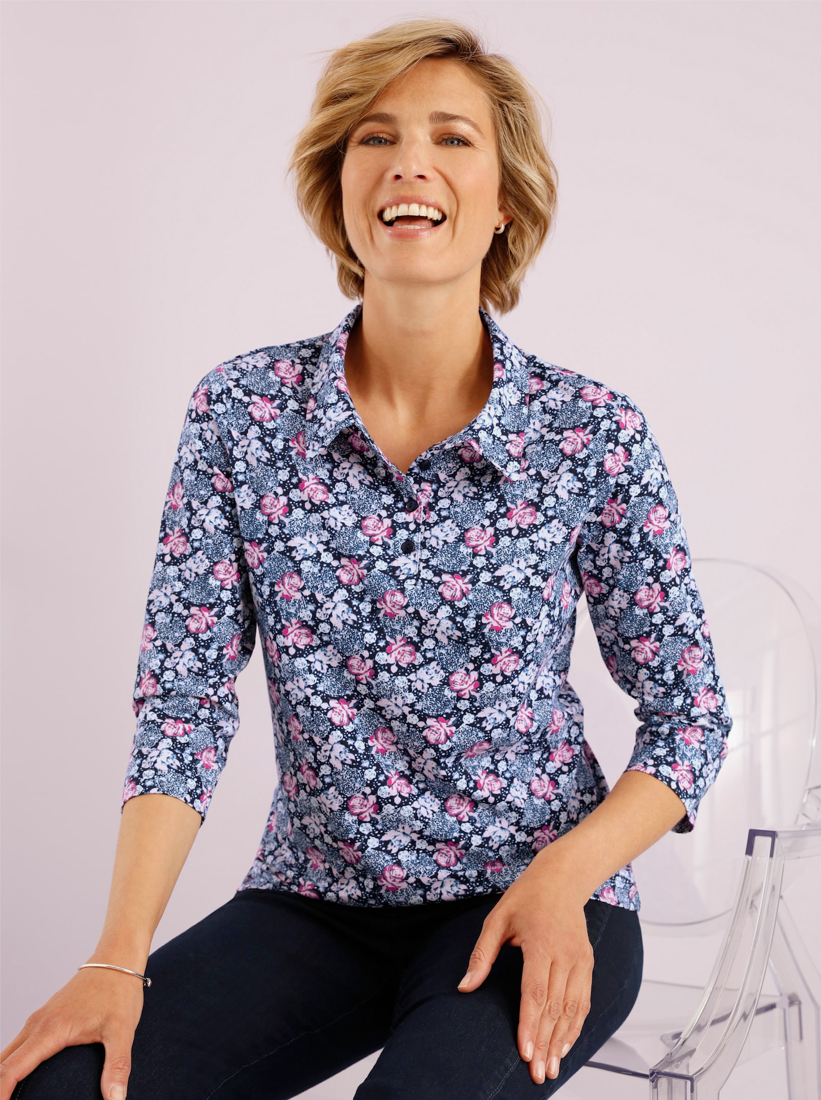 Poloshirt mit 3/4-Ärmeln - marine-fuchsia-bedruckt