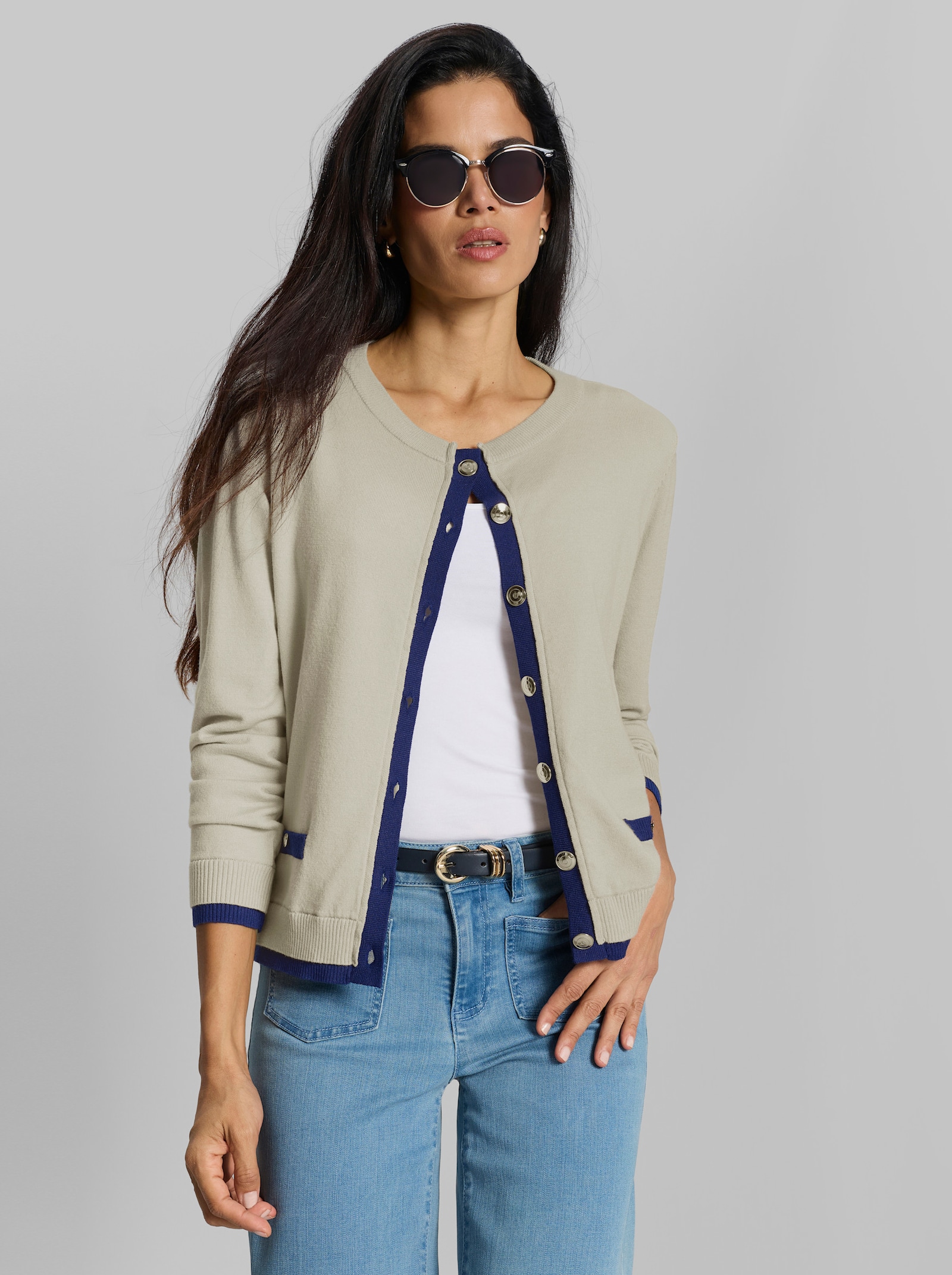 heine Strickjacke mit goldfarbenen Knöpfen - hellgrau-royalblau