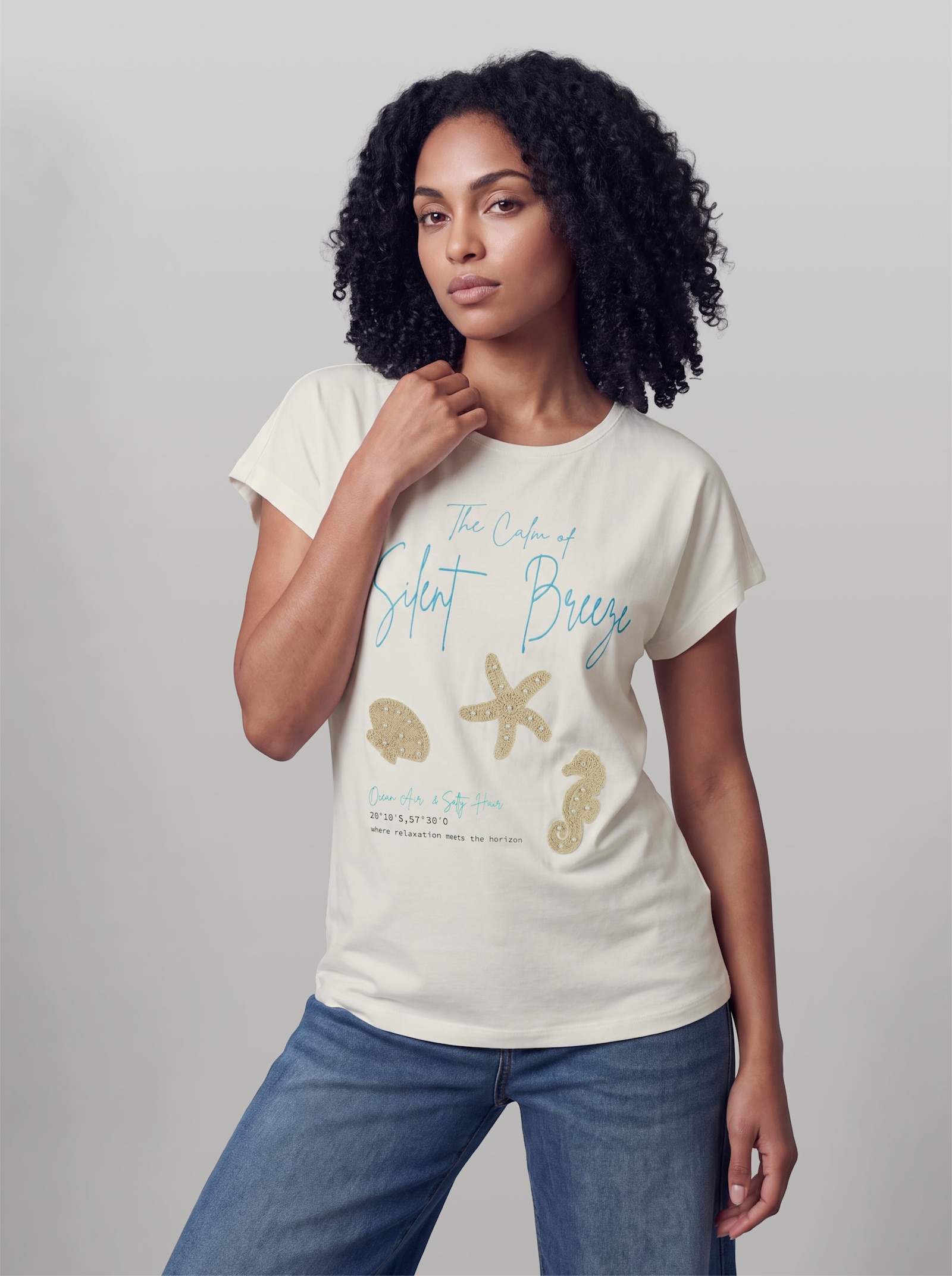 heine Kurzarmshirt mit Zierperlen - ecru-sand-gemustert