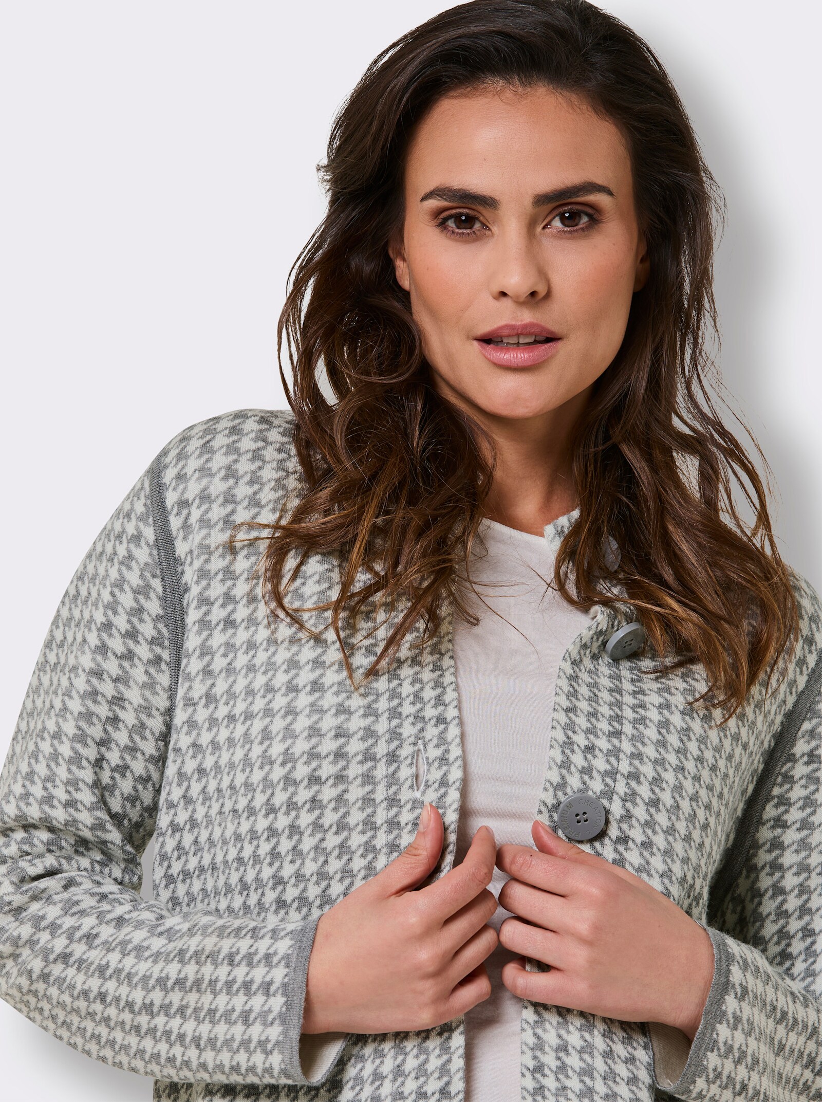 CREATION L PREMIUM Jacquardstrickjacke mit Merinowolle - steingrau-champagner-gemustert