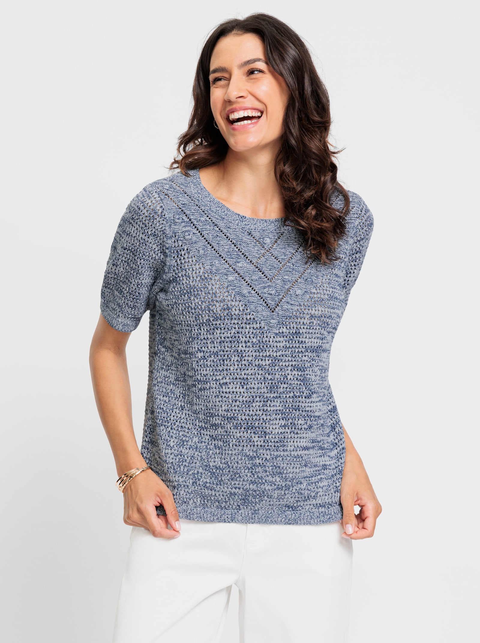 Ajourpullover mit V-förmigem Linksstrick - jeansblau-hellblau-meliert