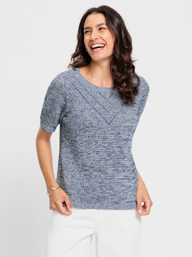 Ajourpullover mit V-förmigem Linksstrick - jeansblau-hellblau-meliert