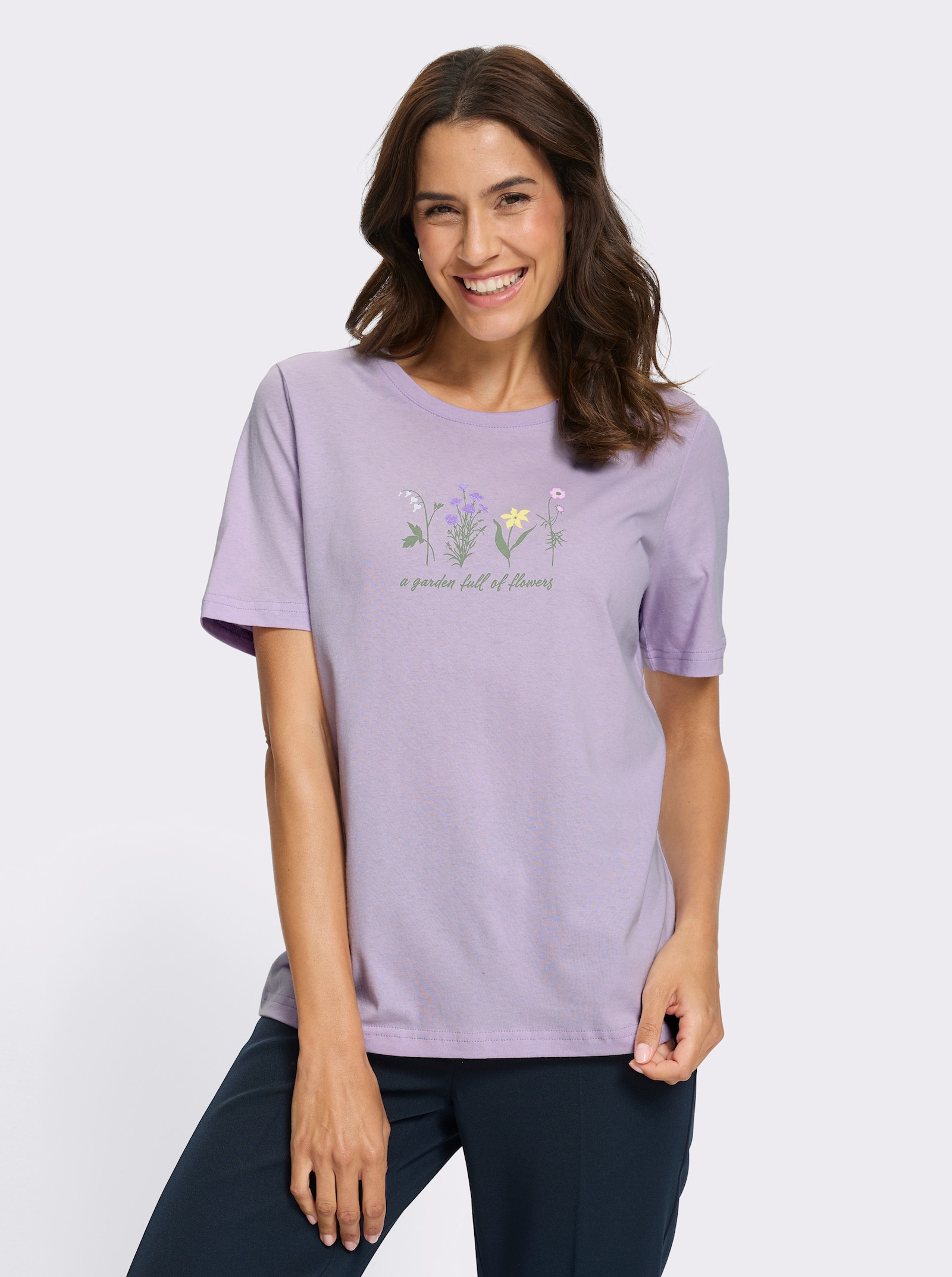 Rundhalsshirt mit platziertem Druck - flieder-bedruckt