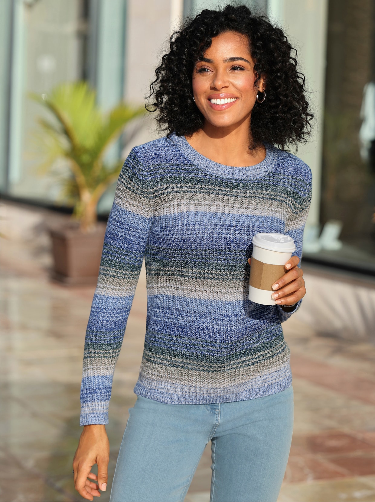 Pullover met lange mouwen in riblook - koningsblauw/sesam gedessineerd