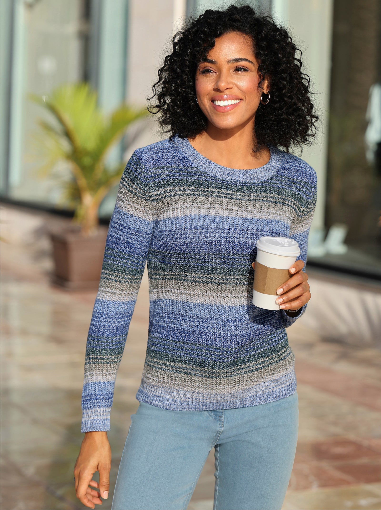 Langarm-Pullover in Ripp-Optik - royalblau-sesam-gemustert