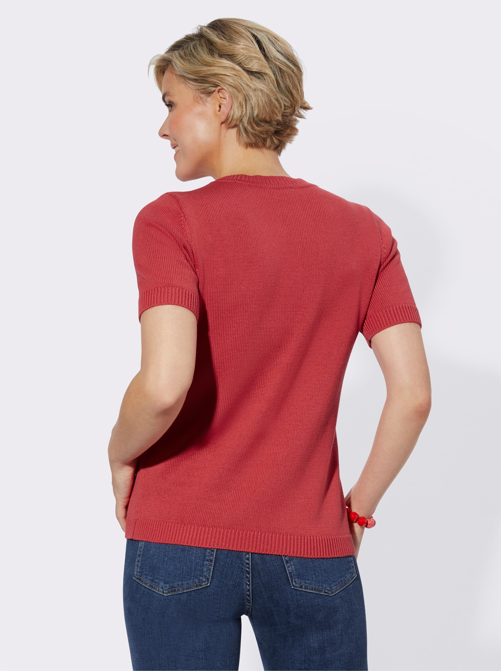 Kurzarmpullover mit Rippabschlüssen - korallenrot