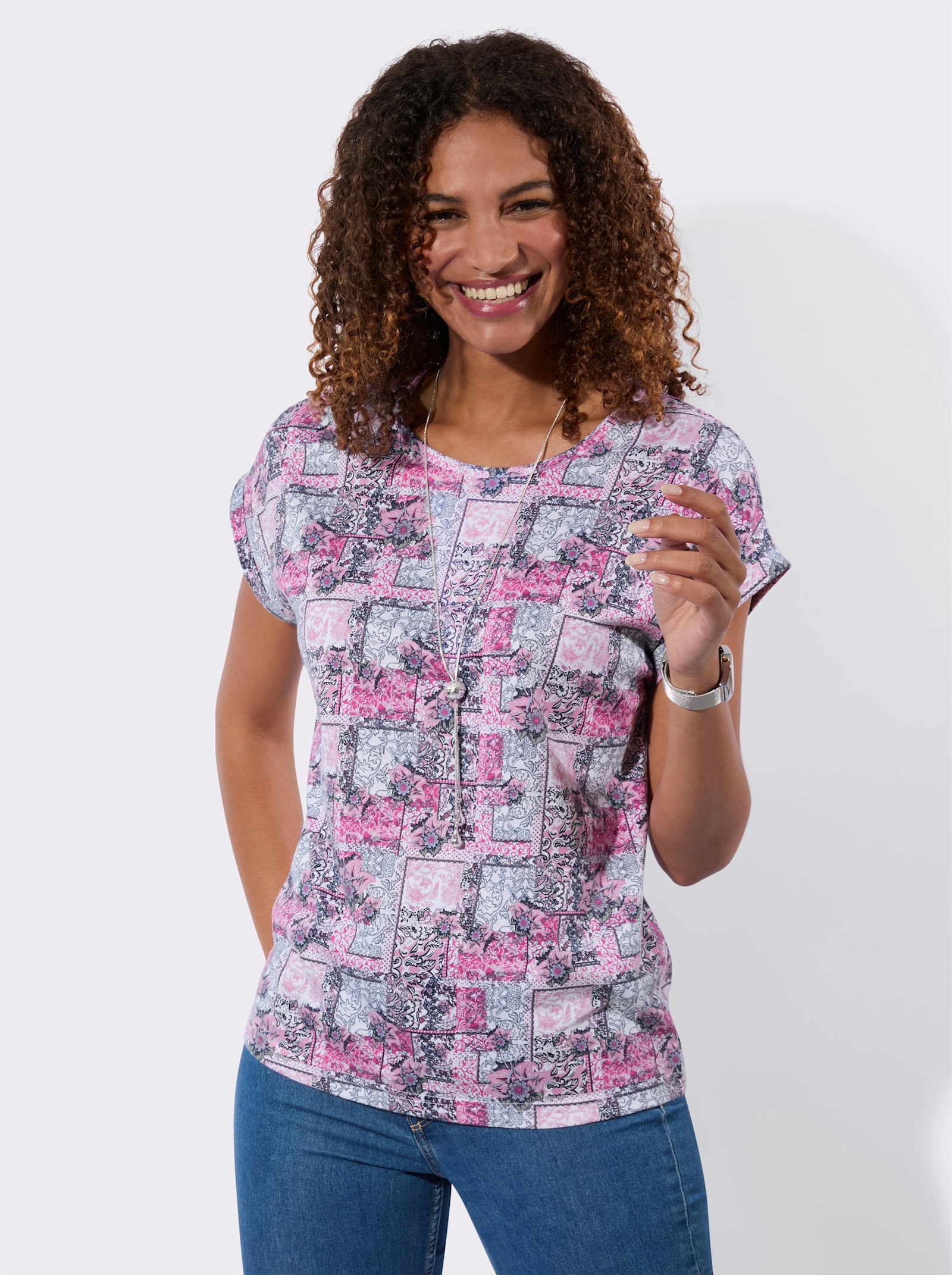 Kurzarmshirt mit Patchwork-Dessin - fuchsia-bedruckt