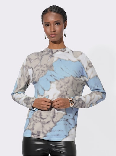 Feinstrickpullover mit Diagonal-Druck - ecru-eisblau-bedruckt