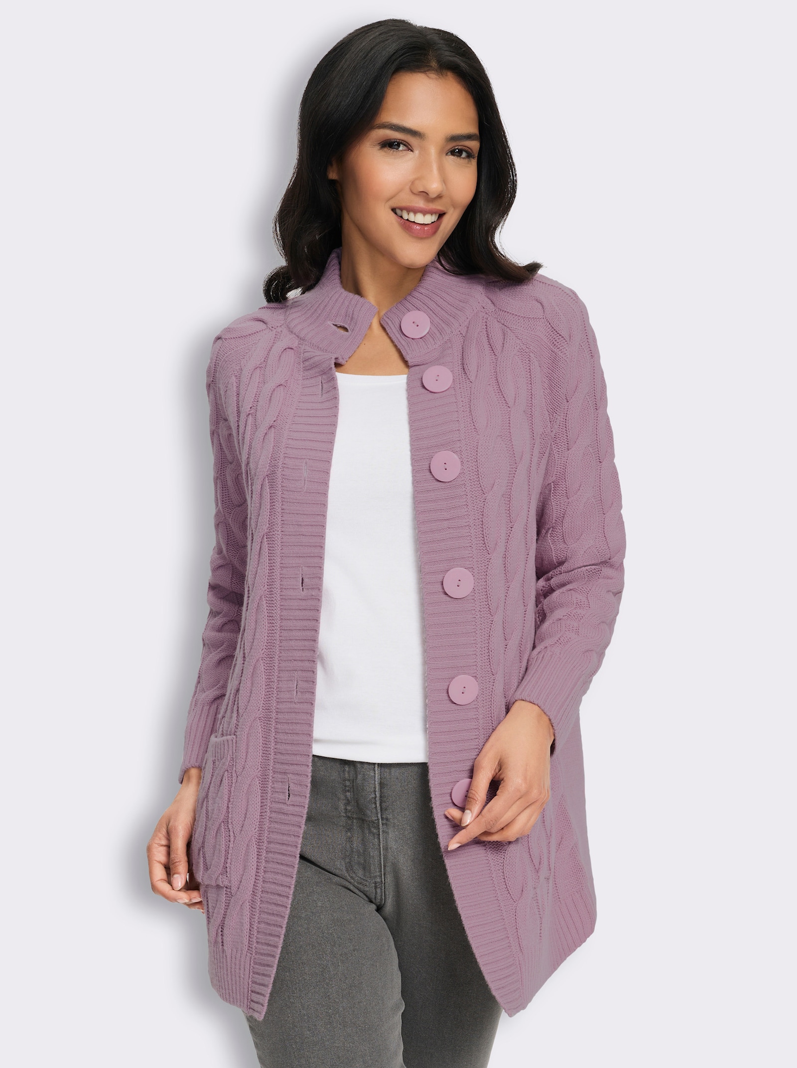 Longstrickjacke mit Zopfmuster - mauve