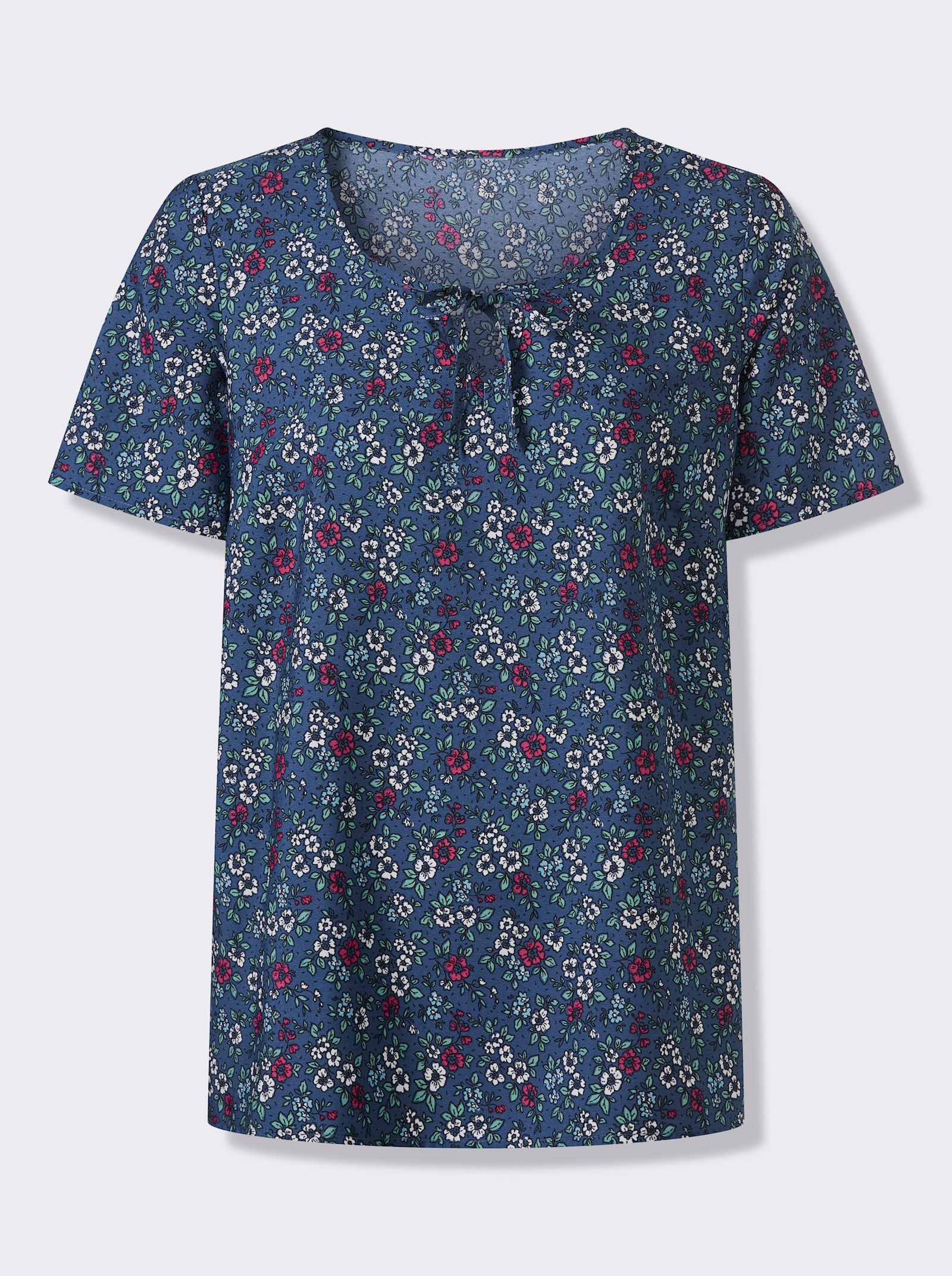 Schlupfbluse mit Millefleurs - jeansblau-fuchsia-bedruckt