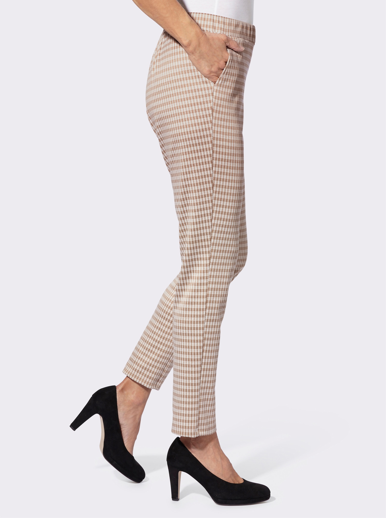 Schlupfhose in verkürzter Form - beige-ecru-kariert