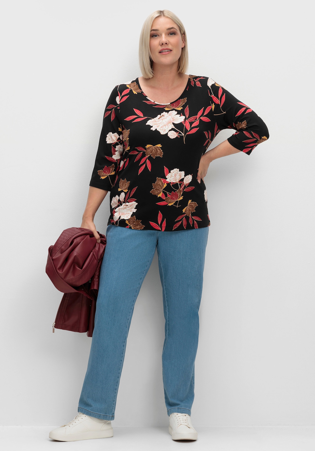 Print-Shirt - dunkelrot-ocker-bedruckt