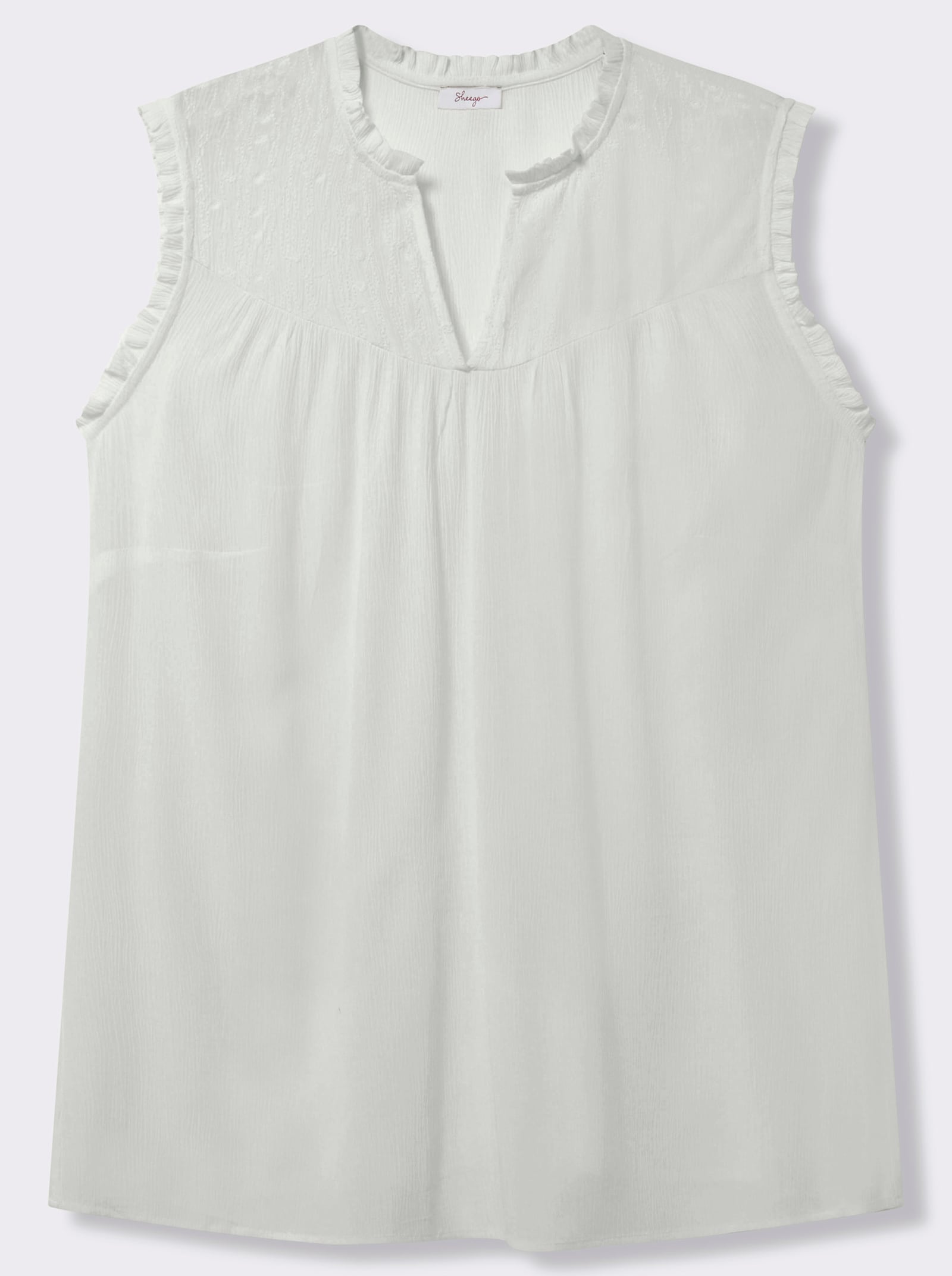 sheego Ärmellose Bluse mit Rüschen und Stickerei - ecru