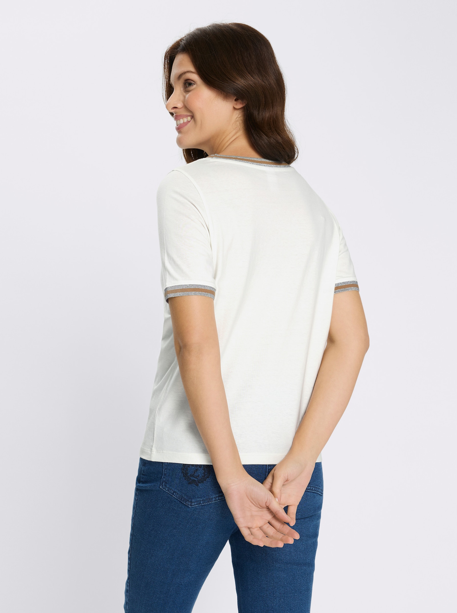 Kurzarmshirt mit silberfarbigem Foliendruck - ecru-camel