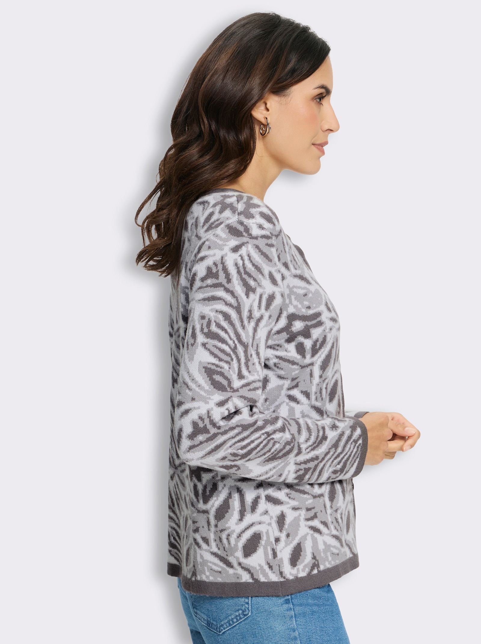  Jacquardstrickjacke mit floralem Allovermuster - anthrazit-ecru-gemustert