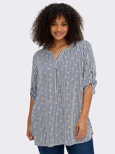 sheego Tunika im Mustermix aus Streifen und Blüten - tiefblau-ecru-gestreift