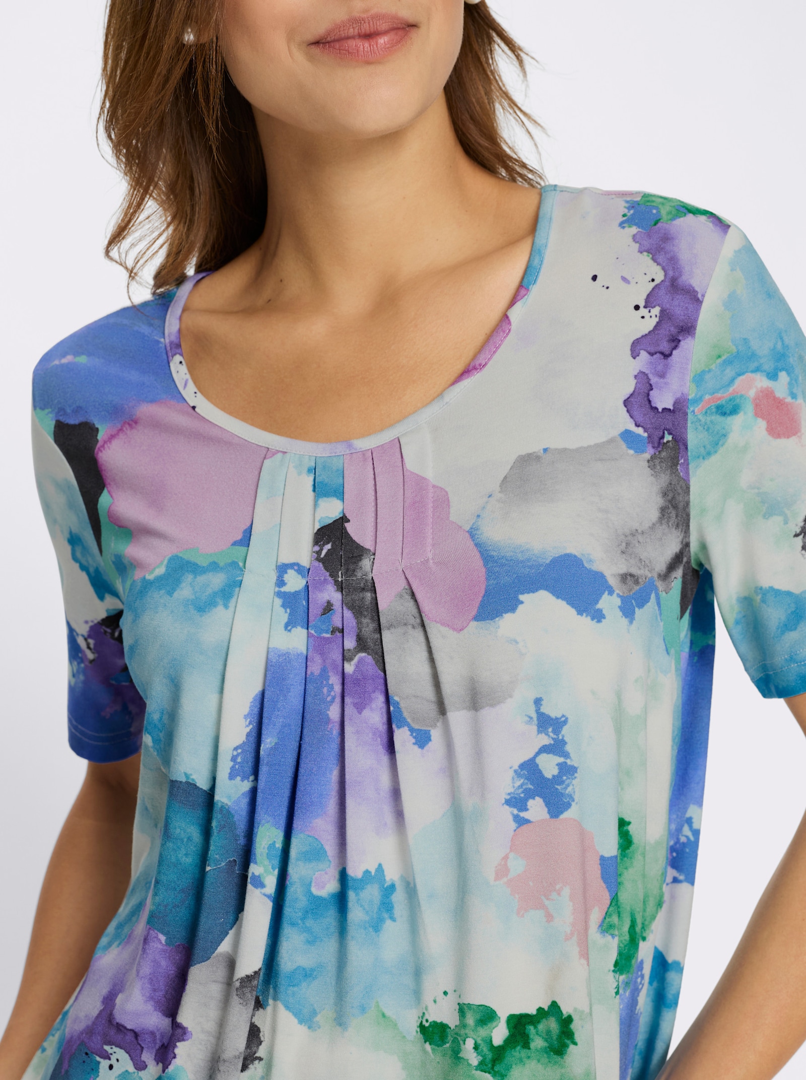Kurzarmshirt mit Faltenpartie am Ausschnitt - eisblau-rosé-bedruckt