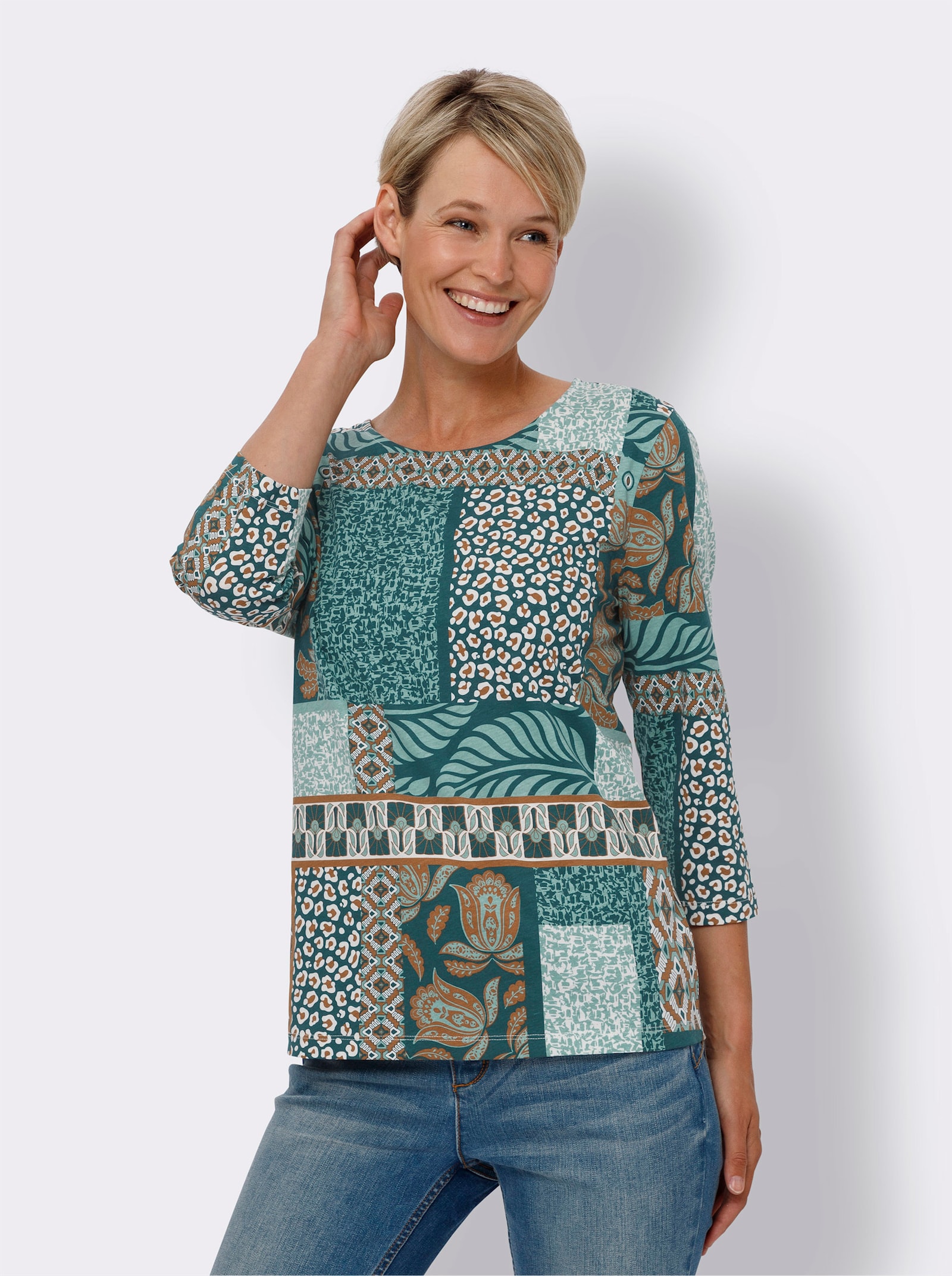 3/4-Arm-Shirt im Patchwork-Muster - salbei-ecru-bedruckt