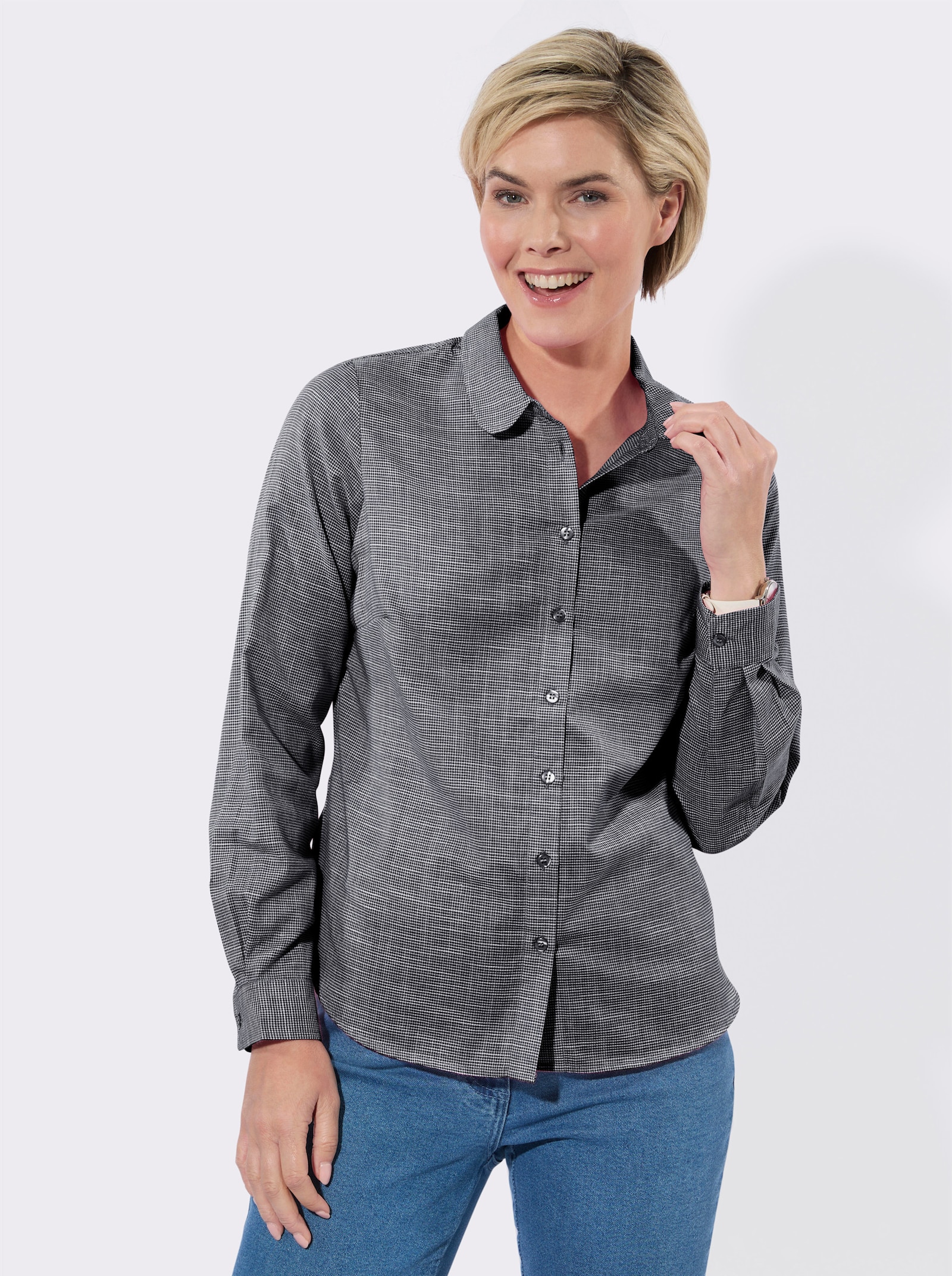 Langarmbluse mit Karo-Muster - schwarz-ecru-kariert