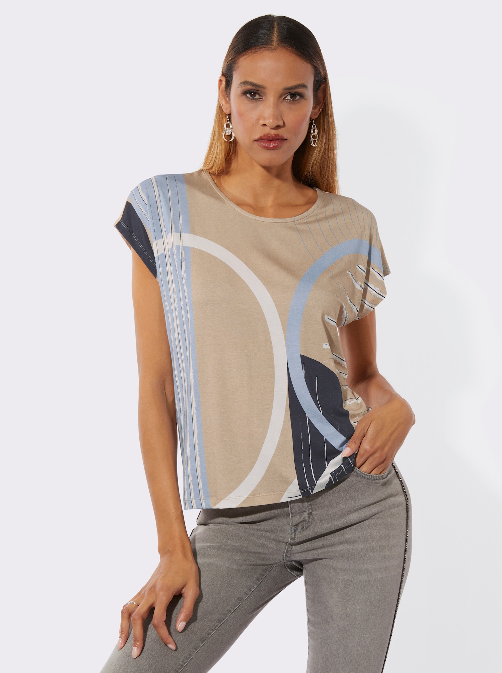 Rundhalsshirt mit platziertem Druckmuster - beige-bleu-bedruckt