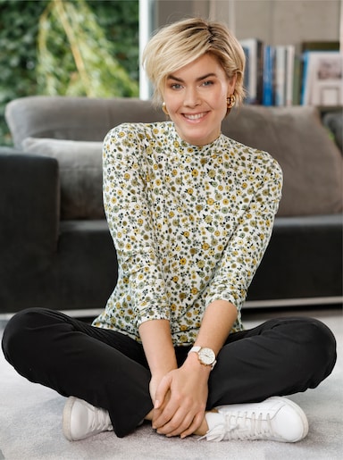 Stehkragenshirt im Minimal-Dessin - ecru-ocker-bedruckt