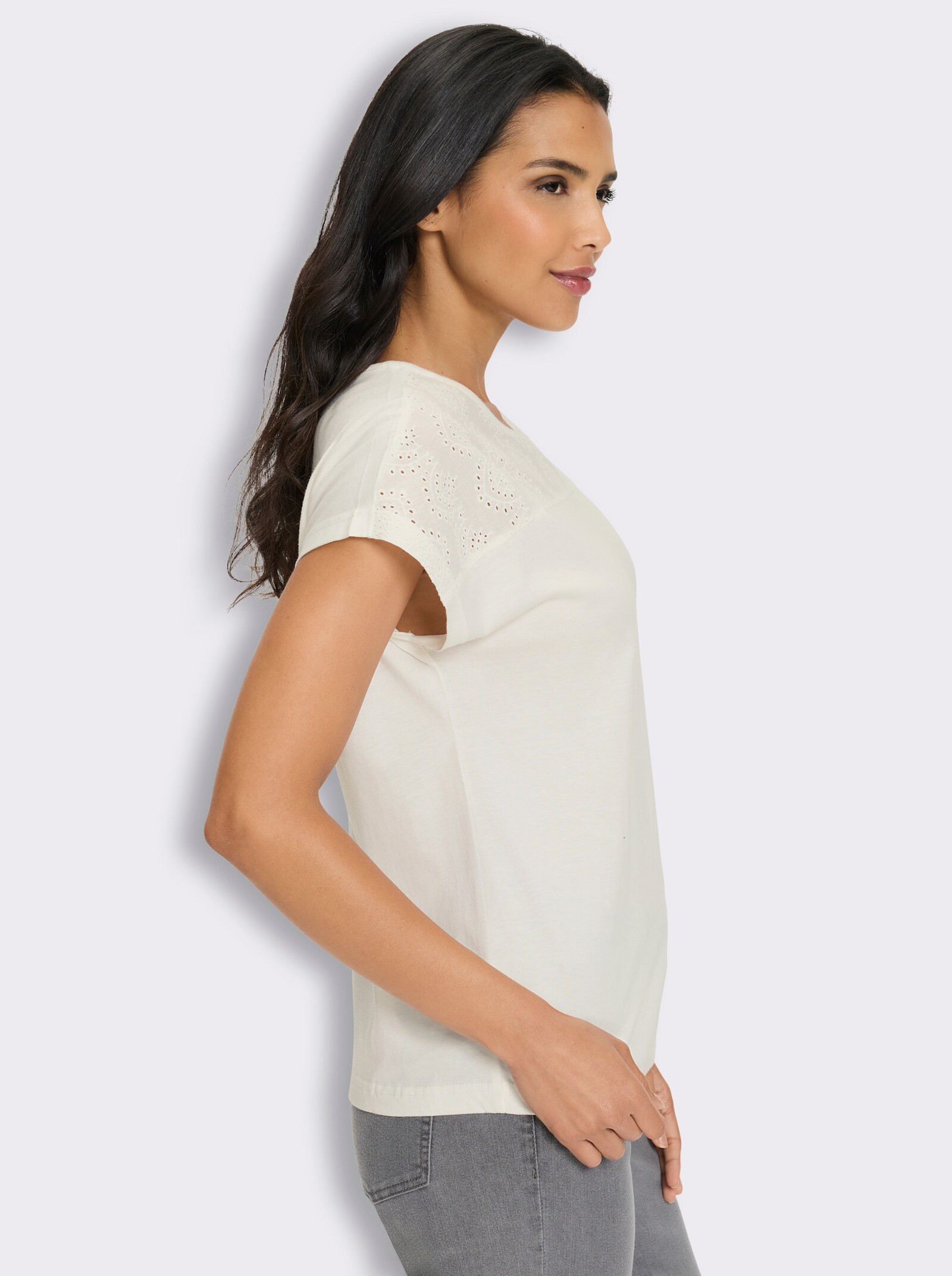 Kurzarmshirt mit Spitzen-Details, Baumwolle - ecru
