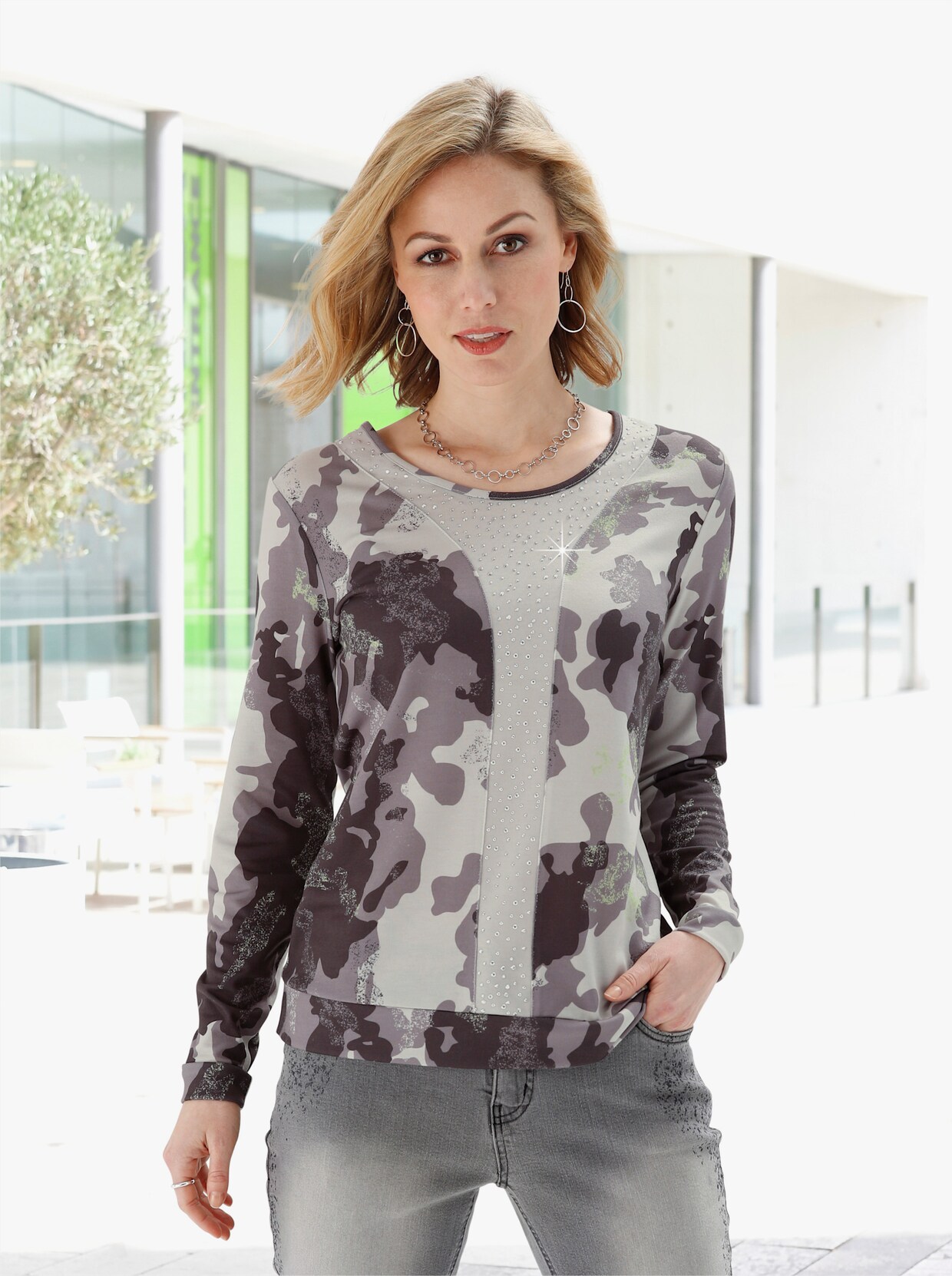 Langarmshirt - hellgrau-graphit-bedruckt