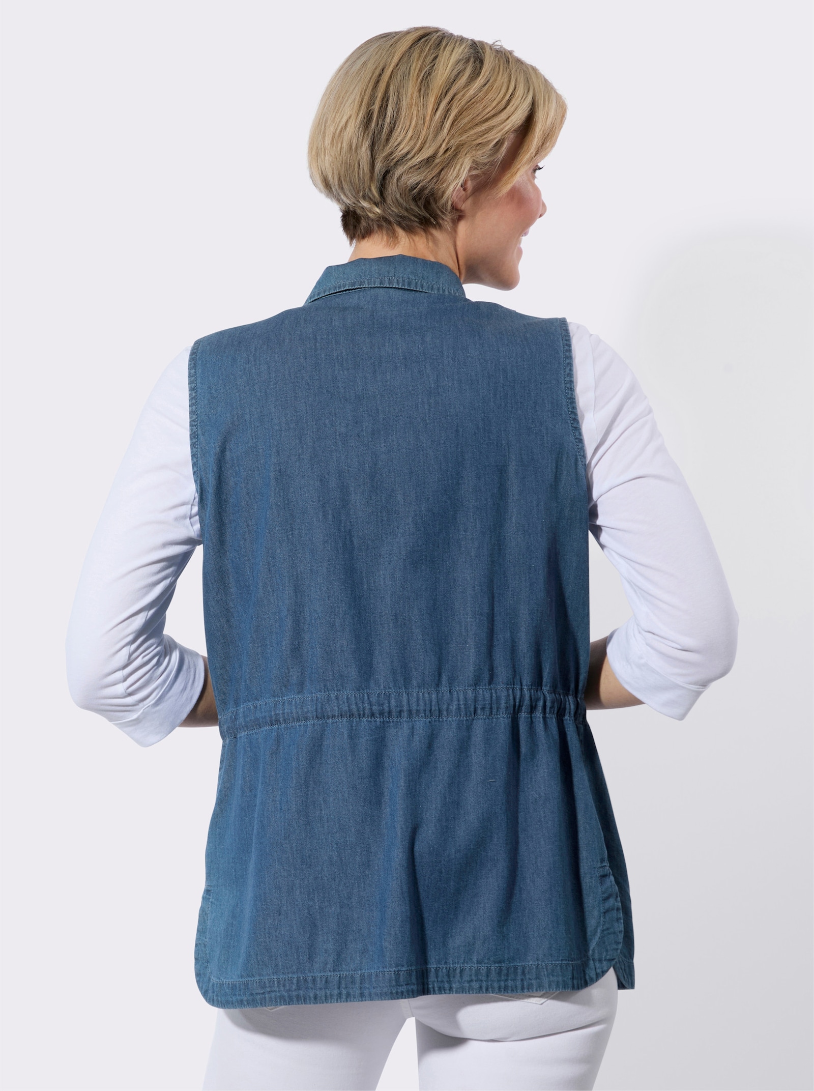 Jeansweste mit schräger Schulterpasse - blue-bleached