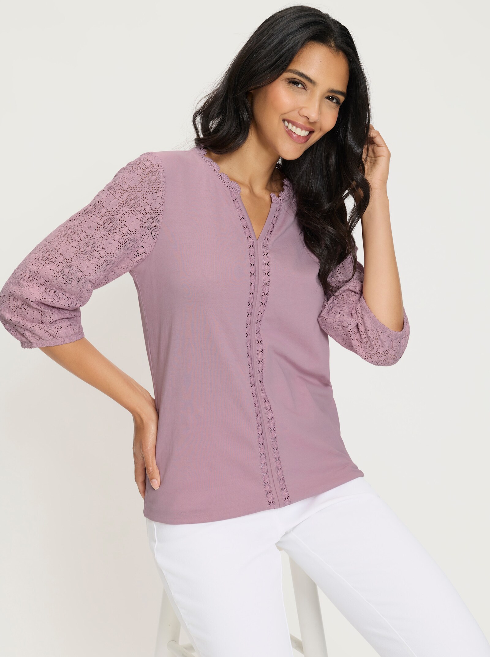 3/4-Arm-Shirt mit Spitzen-Ärmeln - mauve
