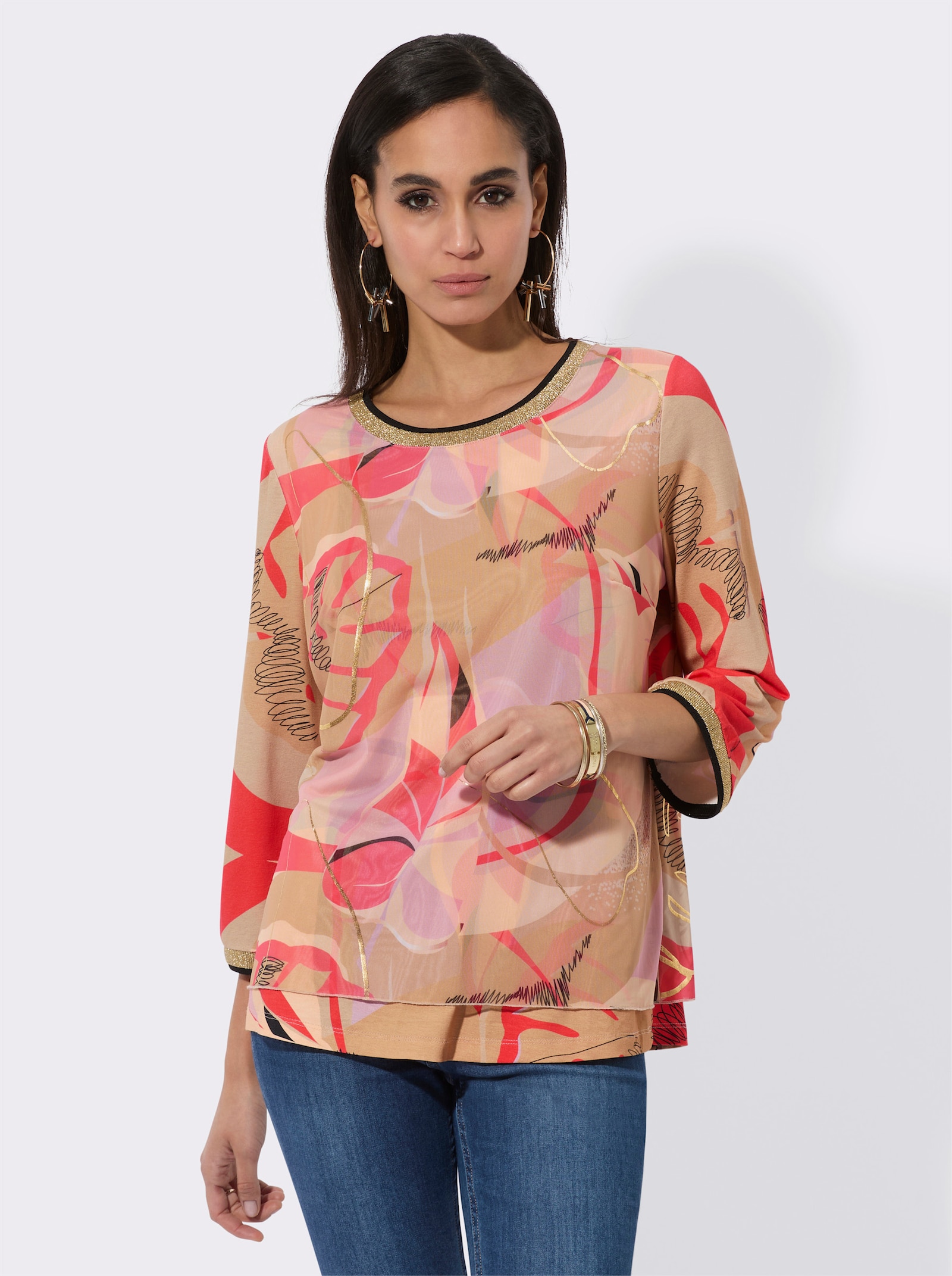 Shirt met 3/4-mouwen en folieprint - beige/apricot bedrukt