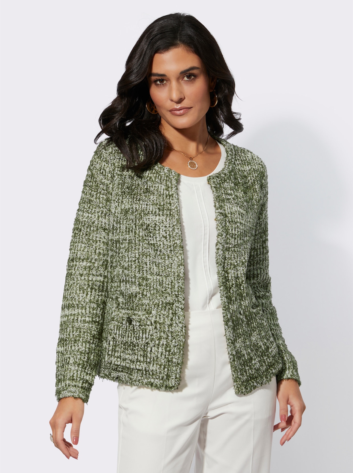 Strickjacke - ecru-khaki-gemustert